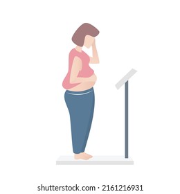 Bloated woman worry,standing check weight on scale machine,it was time to lose weight,Overweight and obesity concept,Vector illustration.