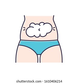 Bloating Color Icon. Predmenstrual Abdominal Pain. Digestive Tract Problem. Stomach Ache And Discomfort. Flatulence And Gas. Menstruation Symptom. Healthcare. Isolated Vector Illustration