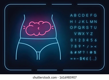Bloating neon light icon. Predmenstrual abdominal pain. Stomach ache and discomfort. Flatulence and gas. Glowing sign with alphabet, numbers and symbols. Vector isolated illustration