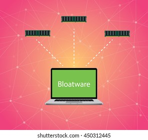 bloatware concept with laptop with text on screen and ram linked with laptop vector graphic illustration