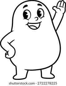 Personaje de blob saludando con una sonrisa alegre en el arte de línea en blanco y negro limpio Perfecto para libros para colorear en preescolar, hojas de trabajo educativas y diseño de mascotas amigable para niños.
