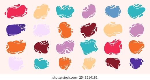 Blob Collection. Multicolored Liquid Organic Bubbles. Blots with vibrant colors in hand drawn style. Abstract and simple figures. Irregular dynamic shapes. Modern asymmetric spots. 