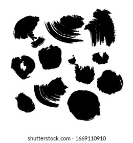 Blob elements drawn by ink brush-pen. Abstract black splatter spots set. Grunge texture. Artistic messy banner background. Hand drawing. Vintage style. Modern collection for web backdrop design.