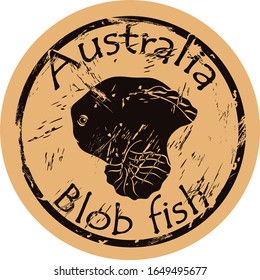 Blob fish silhouette icon round shabby emblem design old retro style.. Blobfish head logo mail stamp on craft paper vintage grunge sign. Australian underwater fauna. Australia and Tasmania endemic. 