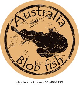 Blob fish silhouette icon round shabby emblem design old retro style. Blobfish in full growth logo mail stamp on craft paper vintage grunge sign. Australian underwater fauna. Tasmania endemic.