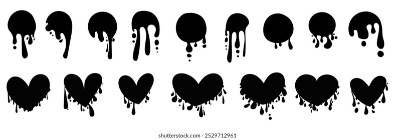 Blob heart dripping water splash hand drawn sketch doodle set collection.