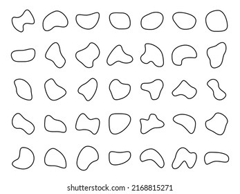 Blob round line shapes set. Inkblot outline symbols group. Abstract liquid black linear elements collection. Random circular fluid geometric forms. Vector illustration isolated on white.