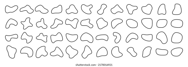 Blob round line shapes set. Inkblot outline symbols group. Abstract liquid black linear elements collection. Random circular fluid geometric forms. Vector illustration isolated on white.