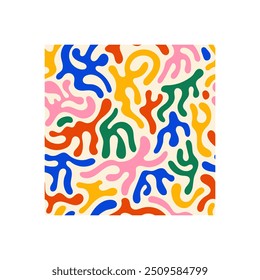 Blob sin patrón. Formas líquidas orgánicas. Anuncio, cartel con garabatos brillantes de los niños. Formas Abstractas en estilo retro. Ilustración vectorial en estilo plano