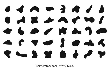 Blob shape. Abstract irregular shapes. Random organic shapes. Amorphous pebble, drop and splodge. Black simple asymmetric stain. Smooth uneven stone. Logo for brush on white background. Vector.