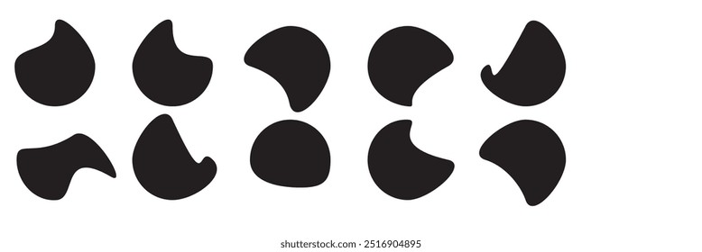 Blob-Form. Abstrakte unregelmäßige Formen. Zufällige organische Formen. Amorpher Kiesel, Tropfen und Schleudern. Schwarze einfache asymmetrische Färbung. Glatter, ungleichmäßiger Stein. Logo für Pinsel auf weißem Hintergrund. Vektor.