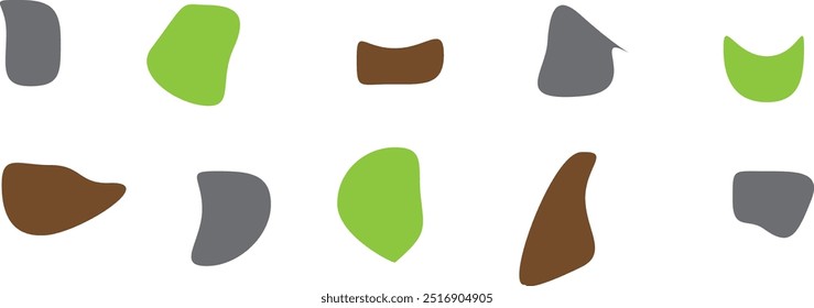 Forma de bolha. Formas irregulares abstratas. Formas orgânicas aleatórias. Seixo amorfo, gota e borrão. Coloração simples assimétrica preta. Pedra lisa e irregular. Logotipo para pincel em fundo branco. Vetor.