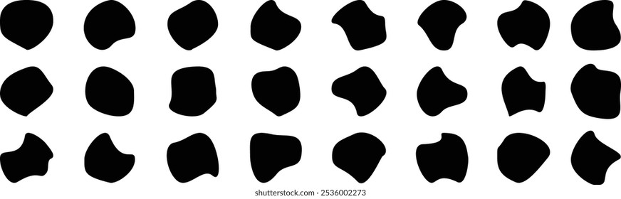 Blobform organisches Set. Sammlung aus abstrakten Formen für Design und Farbe. Schwarze gewellte Flüssig-Flecken. Amorphe zufällige unregelmäßige Blobs. EPS 10.