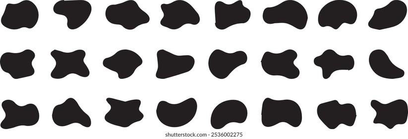 Conjunto orgânico de forma de bolha. Coleção de formas abstratas para design e pintura. Bolhas líquidas onduladas negras. Bolhas irregulares aleatórias amorfas. EPS 10.