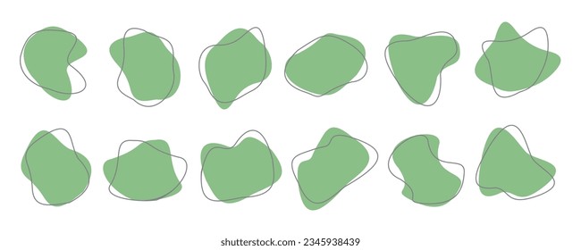 Blob shape organic. Set of irregular round blob form graphic element. Organic amoeba blob abstract green with line vector isolated on white background. 