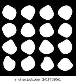 Blob shape organic set. Random white cube drops simple shapes. Pebble, inkblot, drops and stone silhouettes. Collection of paint liquid black blotch spot irregular form 6 8 9