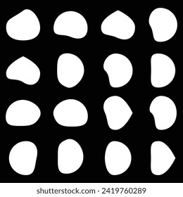 Blob shape organic set. Random white cube drops simple shapes. Pebble, inkblot, drops and stone silhouettes. Collection of paint liquid black blotch spot irregular form 6 5 2