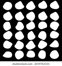  Blob shape organic set. Random white cube drops simple shapes. Pebble, inkblot, drops and stone silhouettes. Collection of paint liquid black blotch spot irregular form  6 0 0