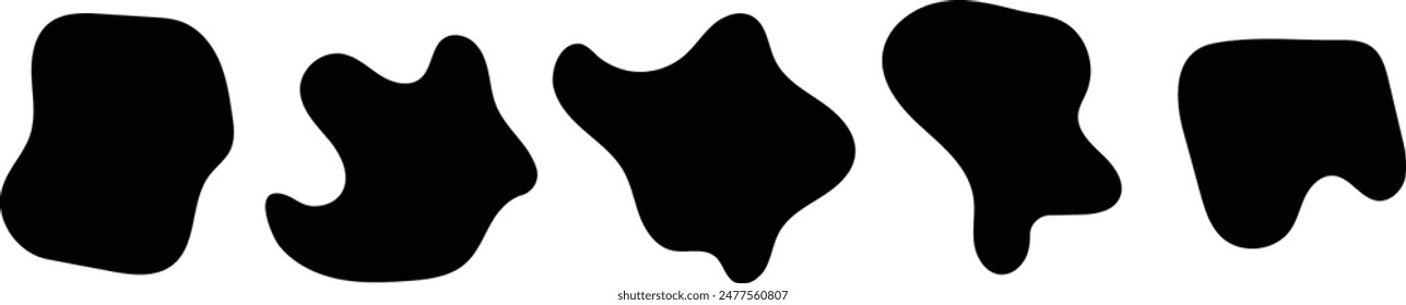 Blob shape organic set. Random black cube drops simple shapes. Pebble, inkblot, drops and stone silhouettes. Collection of paint liquid black blotch spot irregular form.