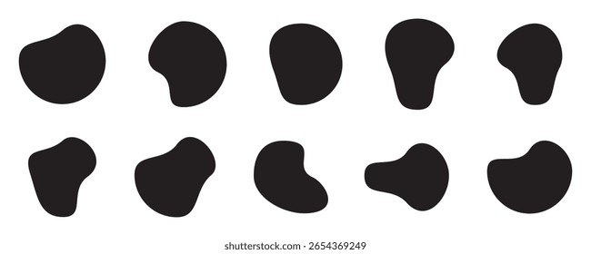 Ilustração de vetor de forma de blob. Ícone de blob conjunto de formas orgânicas abstratas. Bolhas líquidas onduladas negras. Elementos líquidos de dispersão simples. Conjunto de ilustrações de vetor de forma de blob irregular