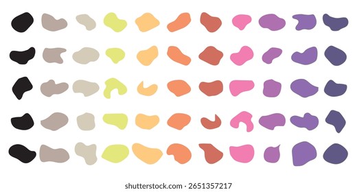 Conjunto de vetores de formas de blob. Coleção de elementos splodge abstratos orgânicos. Silhueta simples de mancha de tinta. Formas mínimas a cores, preto e branco isoladas sobre fundo branco