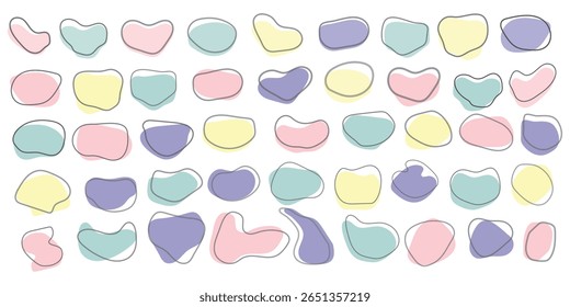 Conjunto de vetores de formas de blob. Coleção de elementos splodge abstratos orgânicos. Silhueta simples de mancha de tinta. Formas mínimas a cores, preto e branco isoladas sobre fundo branco