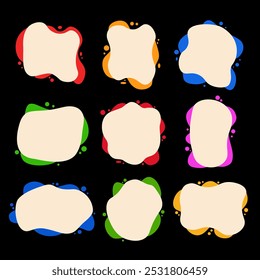 Vetor de caixa de texto de blob definido.  Bolhas de fluido irregulares. Caixa de texto vazia. Ilustração vetorial isolada no plano de fundo preto.