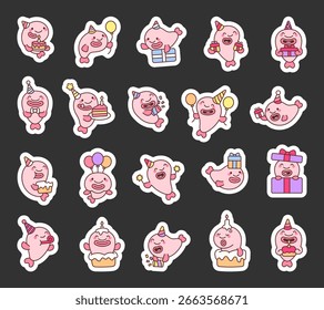 Blobfish aniversário bonitinho kawaii personagem conjunto com diferentes chapéus de festa, bolos, velas, balões, presentes, confete e emoções alegres para celebração e ilustrações divertidas