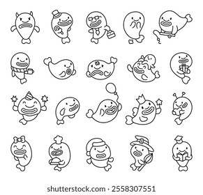 Blobfish character set with cute kawaii cartoon emotions and unique elements for marine life illustrations featuring funny and cheerful details perfect for creative and professional projects