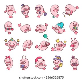 Blobfish character set with cute kawaii cartoon emotions and unique elements for marine life illustrations featuring funny and cheerful details perfect for creative and professional projects