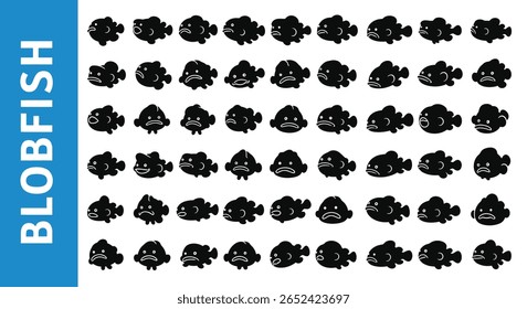 Blobfish Silhueta Ícone: Criatura do Mar Profundo e Feio Animal Black Vetor