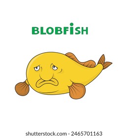 Blobfish with text name. Cute sad animal. Vector cartoon color image.