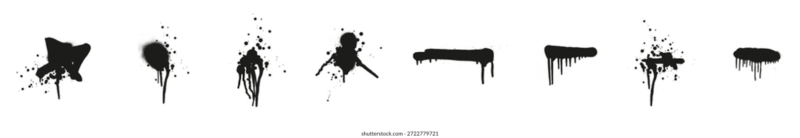  Blobs o manchas de tinta con efecto graffiti sucio grunge. Cepille las manchas o manchas de tinta con salpicaduras o gotas. Ilustración vectorial.