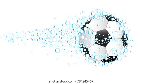 Blobs of water  and a soccer ball set against a white background
