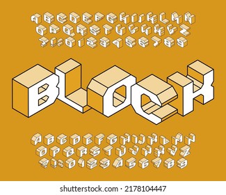 Tipo de letra del alfabeto del bloque. 3 d letras isométricas, números y símbolos. Escritura vectorial de material para el diseño tipográfico.