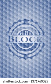 Block blue emblem or badge with abstract geometric pattern background.