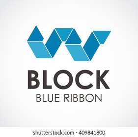 Block of blue ribbon abstract vector and logo design or template origami business icon of company identity symbol concept