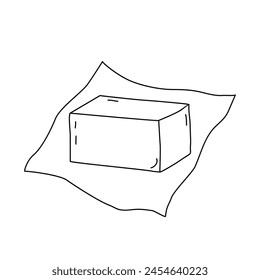 Block of butter or margarine on a piece of wrapping paper, doodle vector outline for coloring book