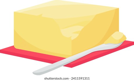 Block of butter on a red dish with butter knife. Yellow stick of butter with a small piece cut off on the side vector illustration.