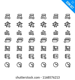 Block Cain Currency Related Icon set. Contains such Icons as Line Graph, Bitcoin, Bar Graph, Credit Card, Dot Graph, Safe. Vector Flat Icon Set in Line Style for Mobile application or Web site