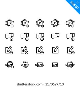 Block Cain Currency Related Icon set. Contains such Icons as Bitcoin, Dialog, Edit. Vector Flat Icon Set in Line Style for Mobile application or Web site