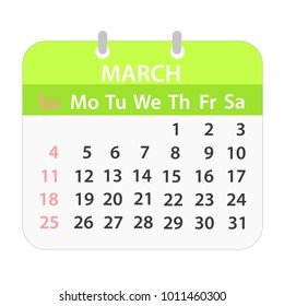 Block calendar on March 2018 on white; stock vector illustration