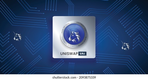 Block chain based crypto currency Uniswap (UNI) vector illustration background banner template. Silver metallic coin can be used as label, sticker, emblem, badge and print design.