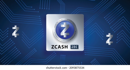 Block chain based crypto currency Zcash (ZEC) vector illustration background banner template. Silver metallic coin can be used as label, sticker, emblem, badge and print design.