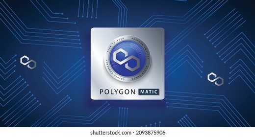 Block chain based crypto currency Polygon (MATIC) logo vector illustration background banner template. Silver metallic coin can be used as label, sticker, emblem, badge and print design.