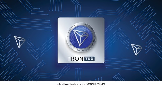 Block chain based crypto currency Tron (TRX) logo vector illustration background banner template. Silver metallic coin can be used as label, sticker, emblem, badge and print design.