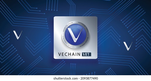 Block chain based crypto currency Vechain (VET) logo vector illustration background banner template. Silver metallic coin can be used as label, sticker, emblem, badge and print design.