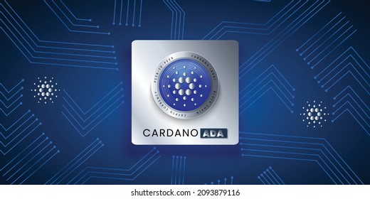 Block chain based crypto currency Cardano (ADA) logo vector illustration background banner template. Silver metallic coin can be used as label, sticker, emblem, badge and print design.
