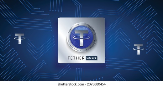 Plantilla de banner de fondo de la ilustración vectorial del logotipo Tether (USDT) basado en la moneda criptográfica basada en cadena de bloques. La moneda metálica plateada puede utilizarse como etiqueta, pegatina, emblema, placa y diseño de impresión.
