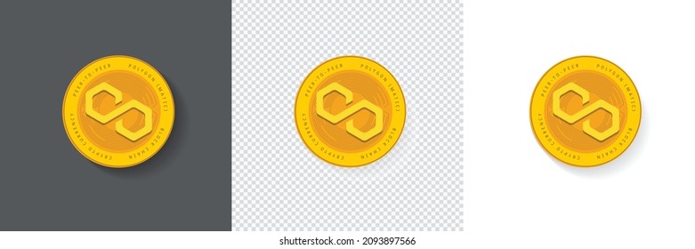 Block chain based crypto currency Polygon (MATIC) logo isolated on a white, dark and transparent background. Gold coin elements can be used as icon, sticker, badge, symbol, emblem and print design 